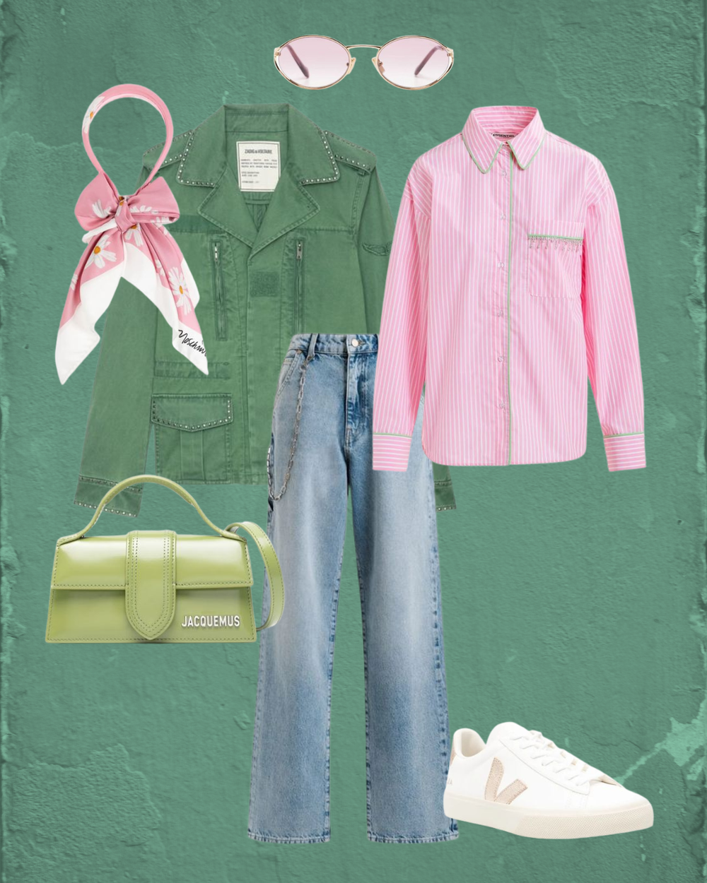 look-casual-chic-casaco-verde-estruturado-camisa-rosa-riscas-jeans-corte-reto-tenis-brancos-acessorios-modernos-shopping-online.png