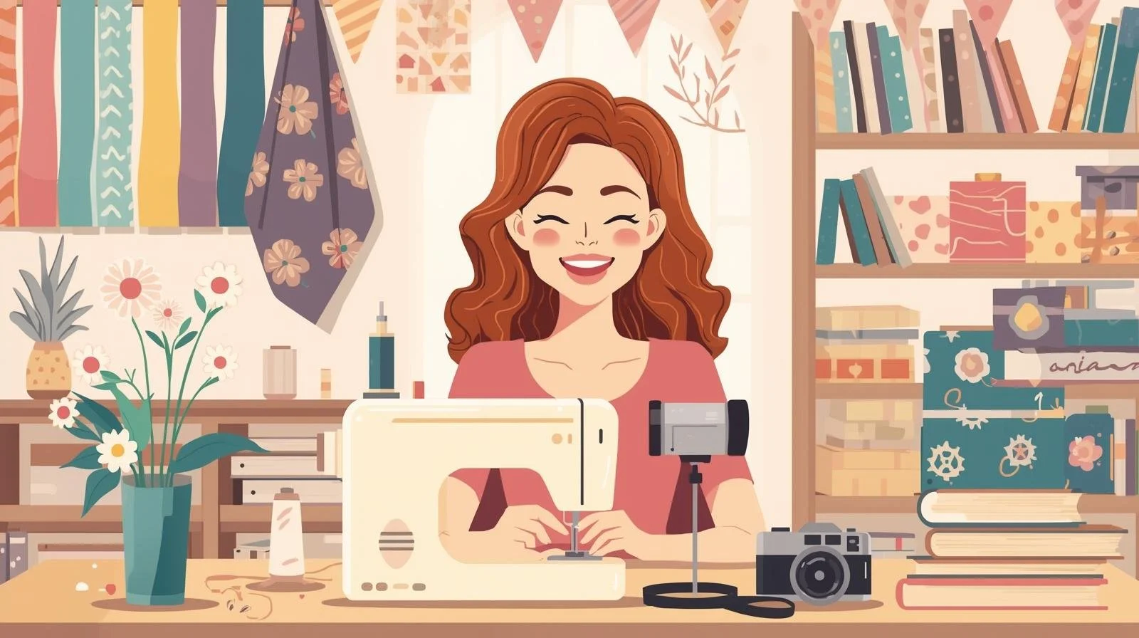 Ilustração de uma mulher sorridente sentada em uma mesa de costura com máquina de costura, câmera, câmera de gravação, livros, flores e materiais de artesanato em um ambiente decorado com estantes de livros e cortinas florais.