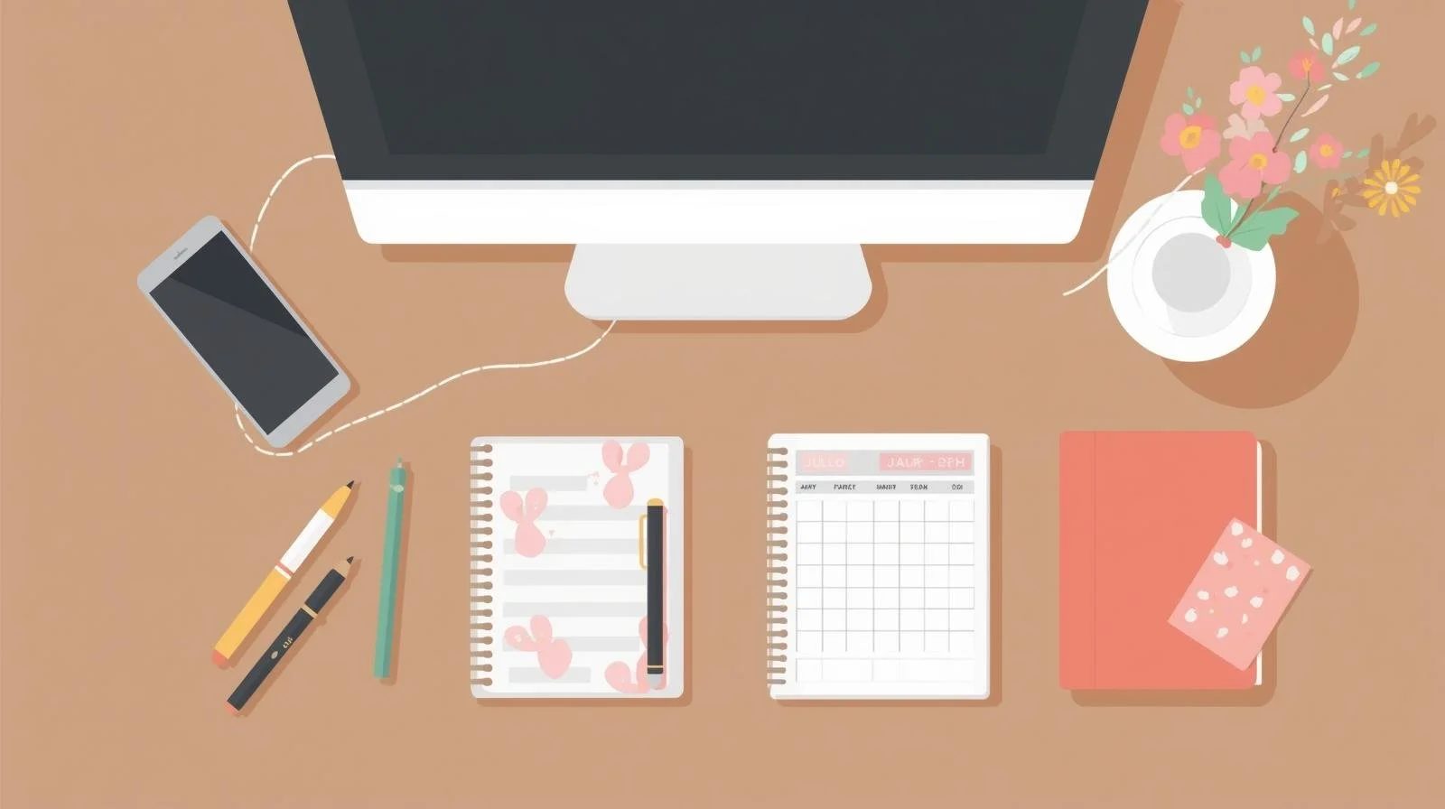 Cena de mesa com computador, smartphone conectado por cabo, cadernos, canetas, agenda, floricultura em vaso branco, e bloco de notas com pauta.