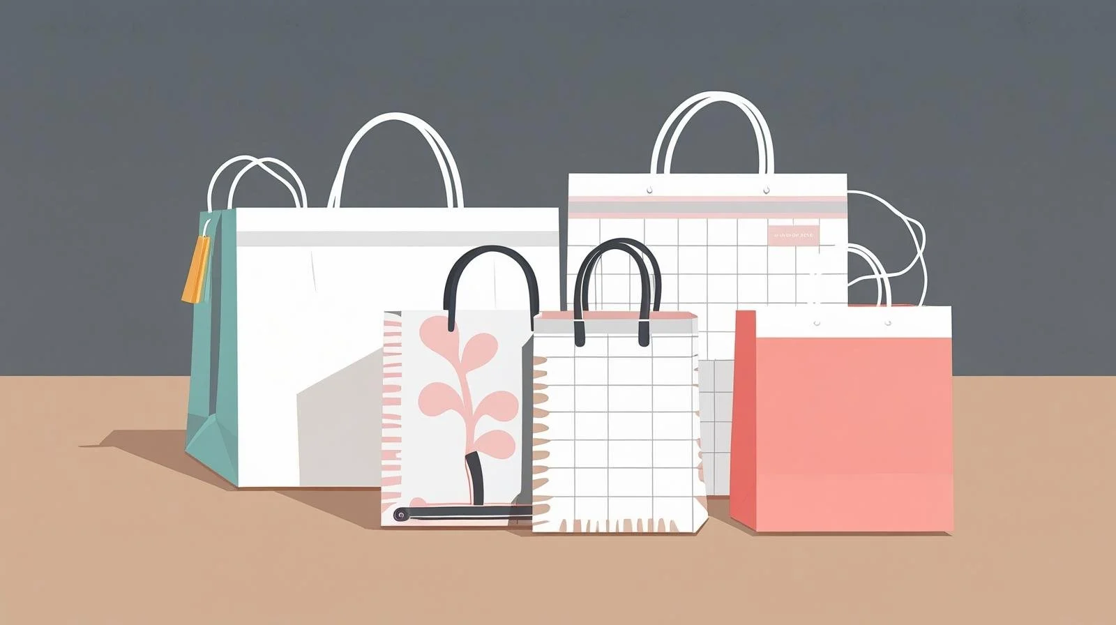 Ilustrações de várias sacolas de compras com diferentes tamanhos e cores, dispostas sobre uma superfície de cor bege e um fundo cinza.