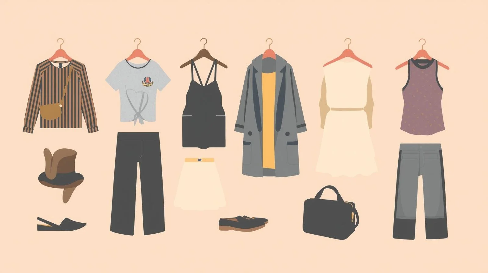 Conjunto de roupas e acessórios de moda, incluindo blusas, calças, vestidos, casacos, chapéu, sapatos, bolsa e cabide, dispostos em fila contra fundo claro.