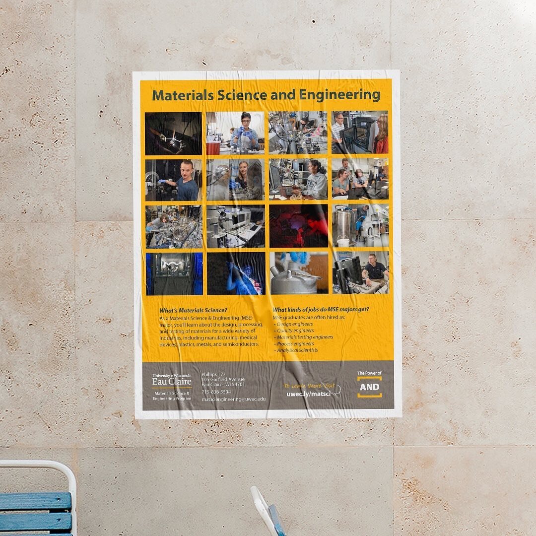 We used assets provided to us by the department including photos from @uwec_shane and utilizing UWEC&rsquo;s branding guide. Myriad Pro and PMS 130 for the win! Swipe to see a more detailed shot.

#graphicdesign #poster #posterdesign #science #uwec #