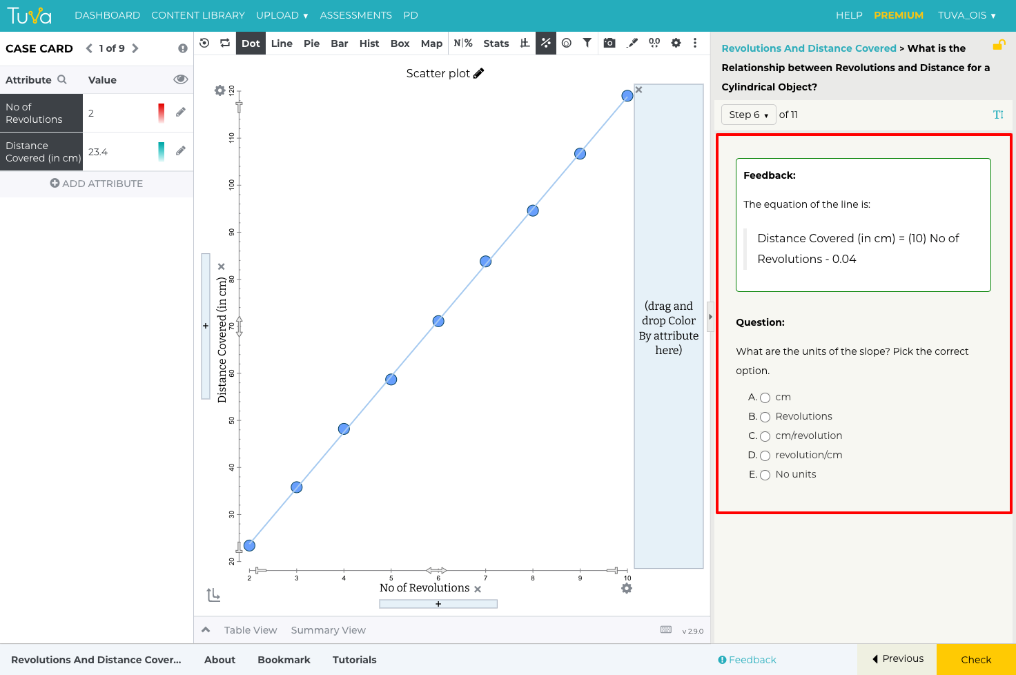 Create a scatter plot and then build a linear model of the relationship between the number of revolutions and distance covered