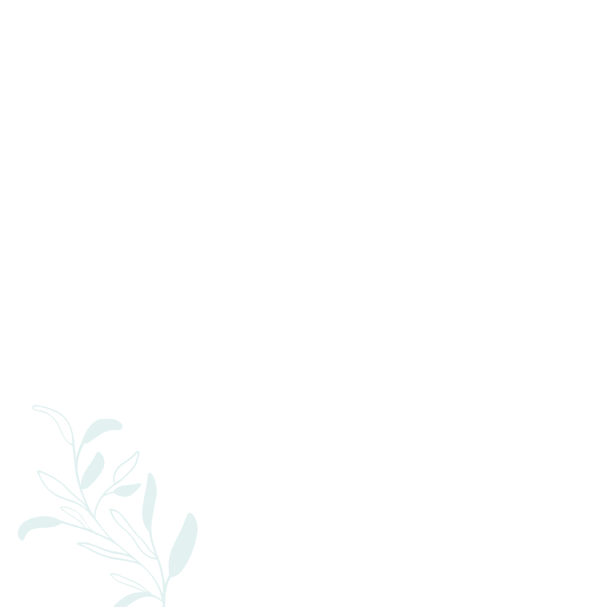 A dark background with a light blue leafy branch in the bottom left corner.