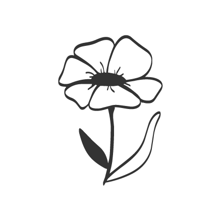 Line drawing of a flower with petals, stem, and leaf.