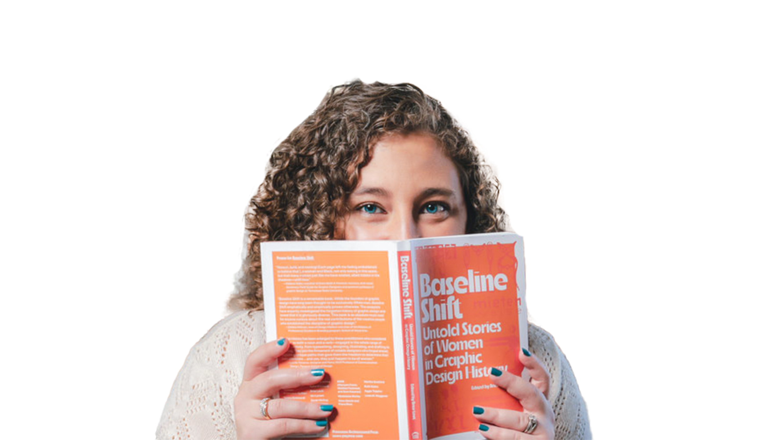 A woman, Brandy DiGiovanni founder of Brandelle Designs with curly hair and blue eyes reading a book titled 'Baseline Shift' that partially covers her face.