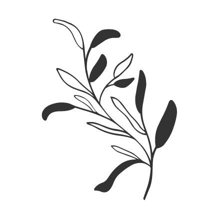 Black and white illustration of a leafy branch with multiple leaves.