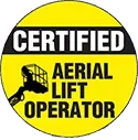 Certified aerial lift operator sign with yellow and black colors
