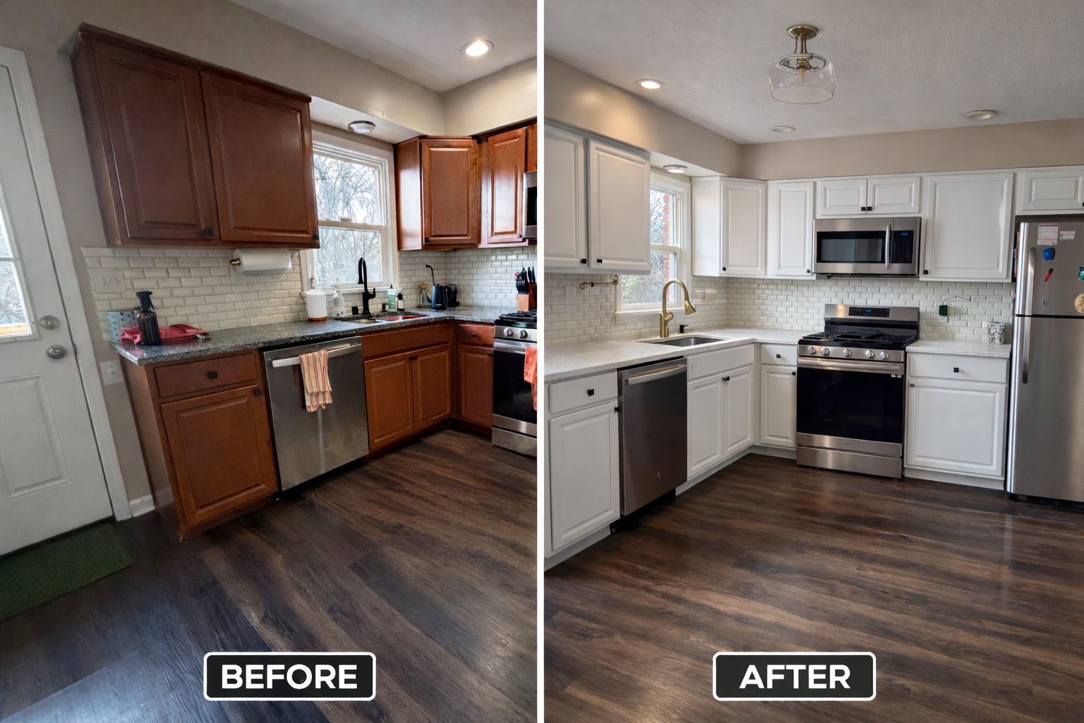 Side-by-side comparison of a kitchen before and after renovation. The 'before' side features dark wood cabinets, a brick-style backsplash, and older appliances. The 'after' side has white cabinets, a sleek backsplash, and modern stainless steel appliances, with brighter lighting.
