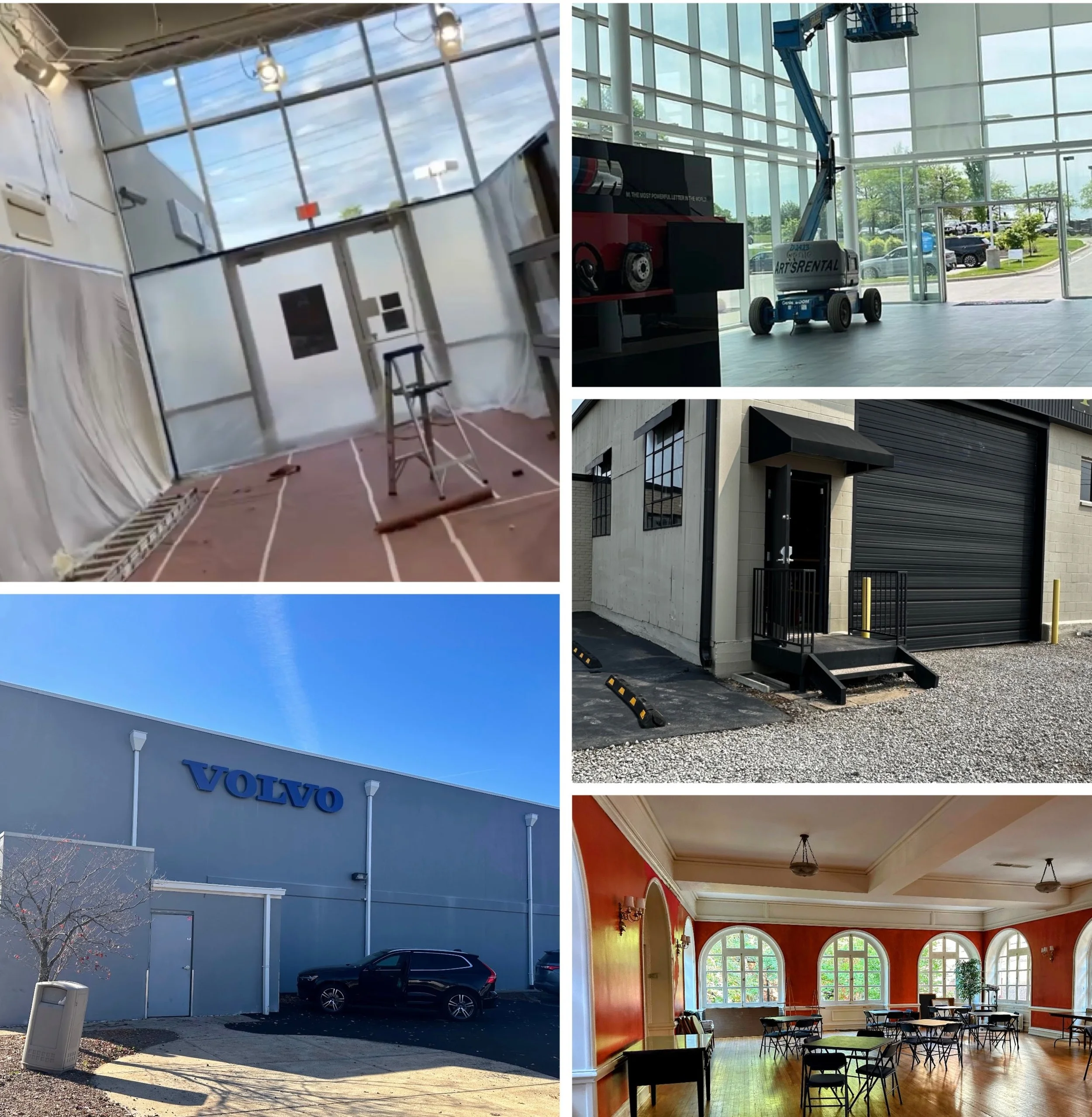 A collage of five images showing an indoor construction site, a clean indoor space with large windows and a lift, an exterior building entrance with stairs, a Volvo building with cars in the parking lot, and an interior dining area with tables and chairs.