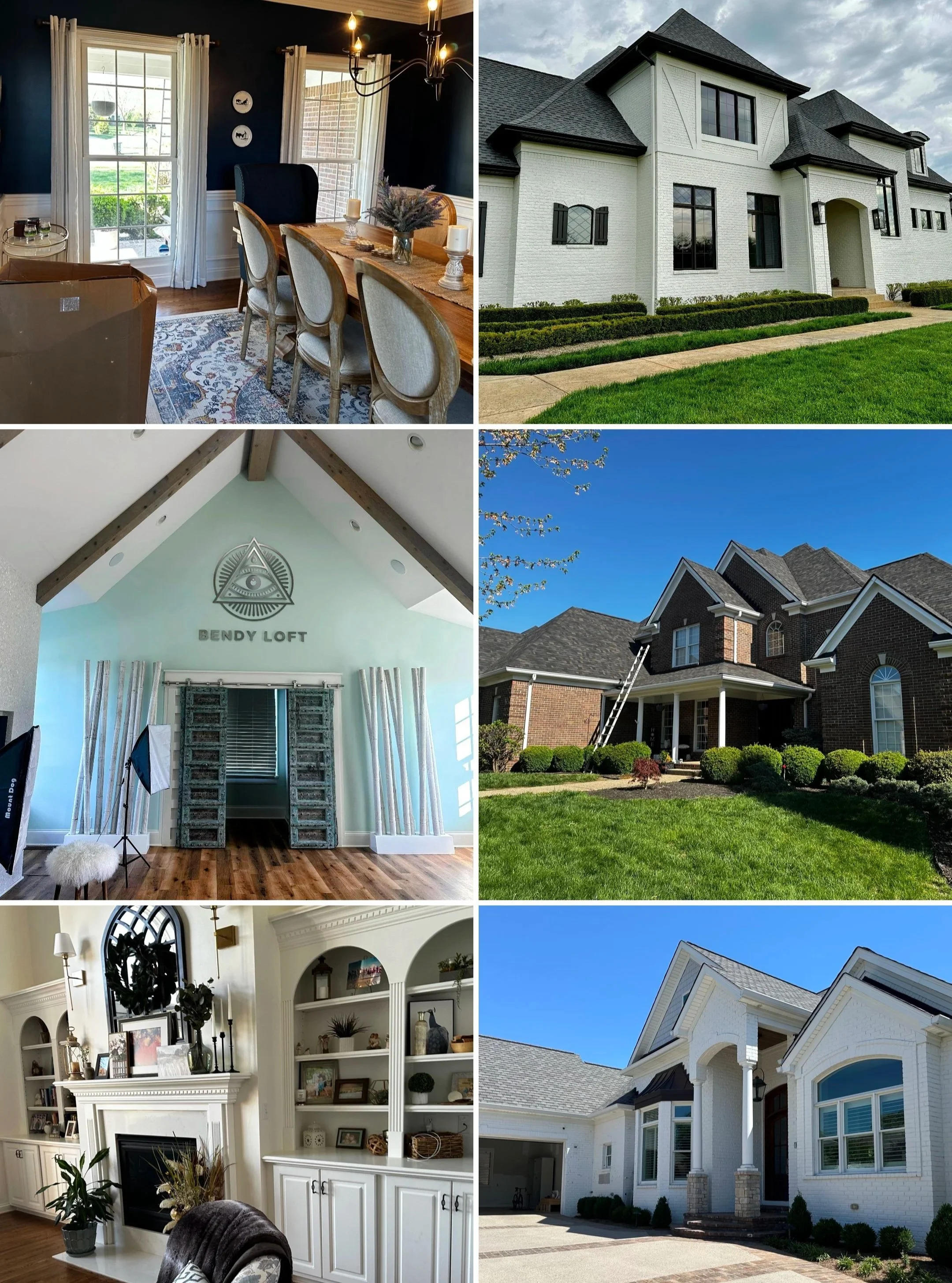 Collage of six images showing different houses and interior rooms: a dining room with navy walls and white curtains; a white brick house with a manicured lawn; a room with a high vaulted ceiling and a mural of an eye within a pyramid; a brick house with a front porch and landscaped yard; an interior with a fireplace and built-in shelves; a white house with a curved entryway and columns.