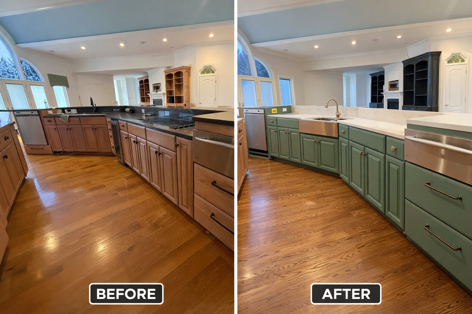 Side-by-side comparison of a kitchen before and after renovation. The before side features natural wood cabinets with black countertops, a dishwasher, and a stove. The after side showcases green cabinets with a white marble countertop and a brass faucet.