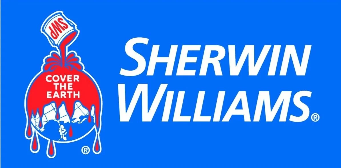 Sherwin Williams logo with blue background, featuring a red paint can pouring red paint that covers and drips over the Earth, with the words "Cover The Earth" inside the paint.