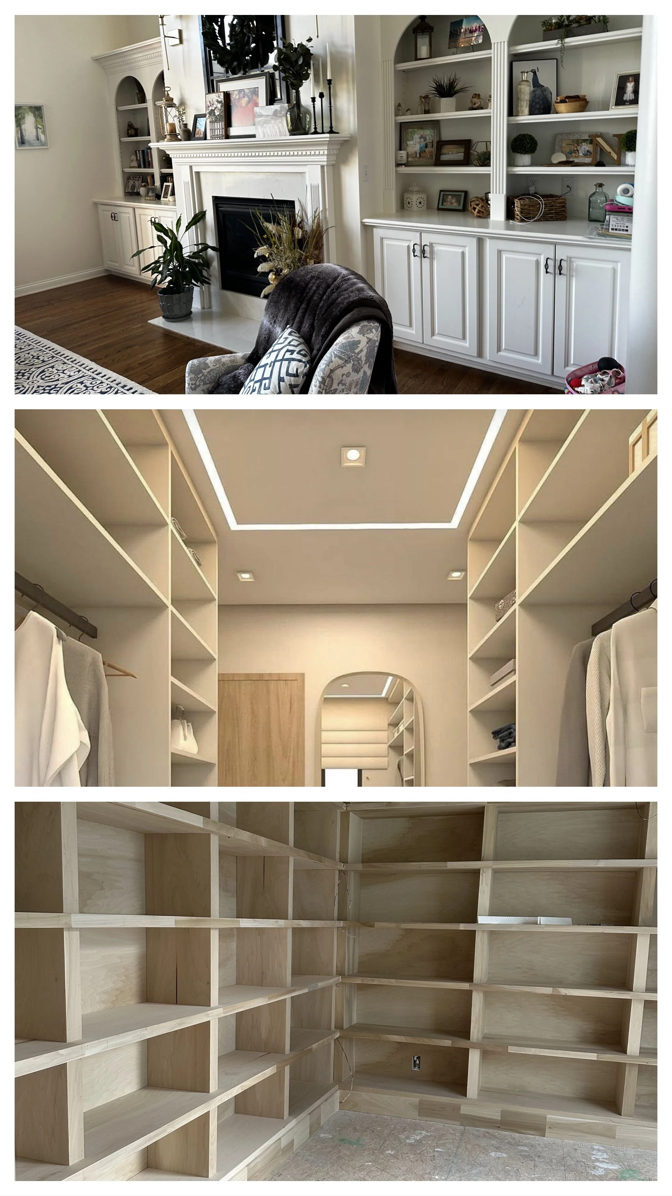 Living room with a white fireplace, built-in shelves with decorations and photos, a potted plant, and a patterned armchair with a blanket. A walk-in closet with shelving units is under construction, with unfinished flooring.