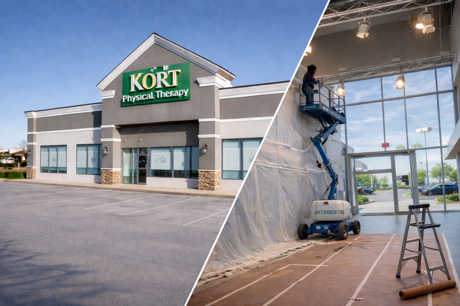 A collage of five images showing an indoor construction site, a clean indoor space with large windows and a lift, an exterior building entrance with stairs, a Volvo building with cars in the parking lot, and an interior dining area with tables and chairs.