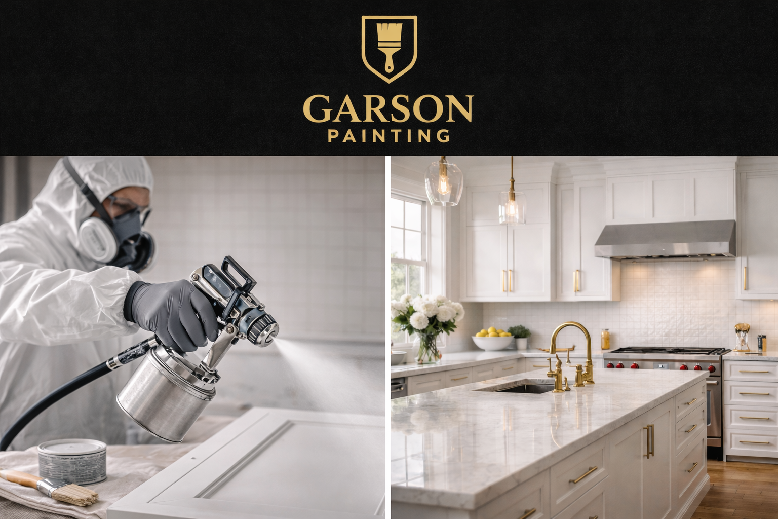 Left side shows a person in protective gear spray painting a cabinet; right side depicts a bright, elegant kitchen with white cabinetry, gold fixtures, and a marble island.