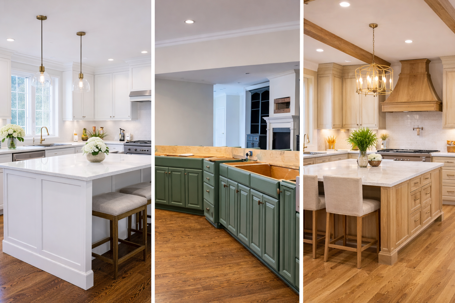 Side-by-side images of three different kitchens, showcasing various cabinetry styles and color schemes. The first kitchen features white cabinets and a marble island, the second kitchen is under renovation with green cabinets, and the third kitchen h