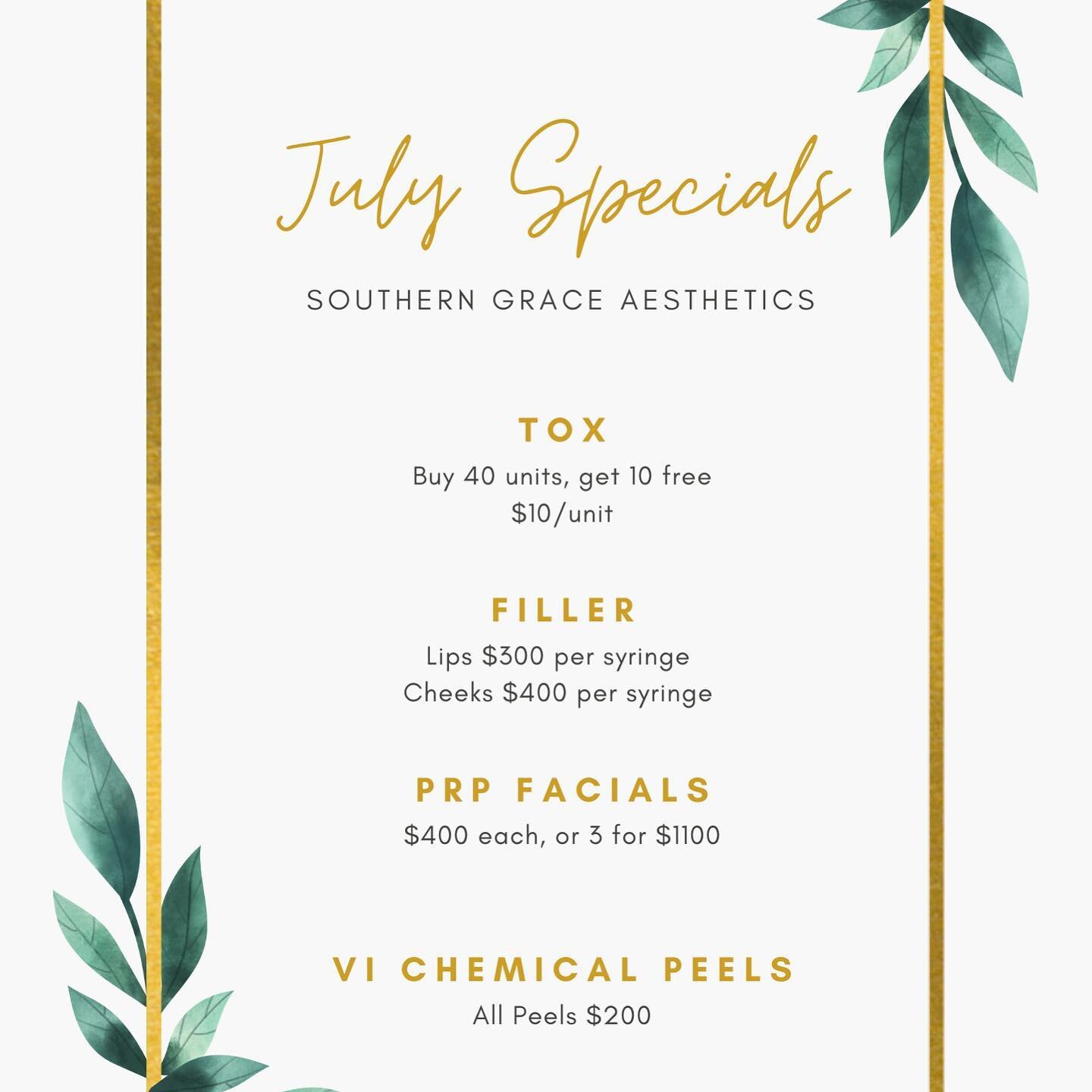 ☀️ 🌊 July is going by fast!! Book now to take advantage of our July specials!! 🌊☀️

💉 Botox Injections 💉
💋 Dermal Facial Fillers 💋
💉  PRP facials and facelifts 💉
☀️ VI Chemical Peels ☀️
🧴  Neocutis Medical Grade Skincare 🧴

www.southerngrac