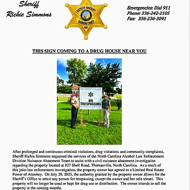 Davidson County Sheriff’s Office Seizes Property in Thomasville Tied to Ongoing Drug Activity      