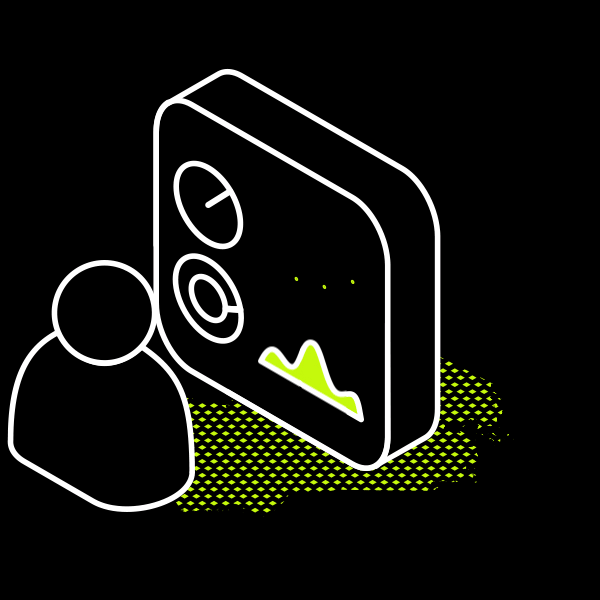 Person observing an abstract wall with charts and a green line graph.