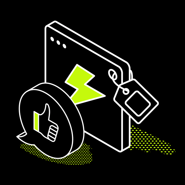 A digital illustration of a smartphone with a lightning bolt symbol on the screen, accompanied by a thumbs-up icon in a speech bubble, and a price tag attached to the phone, all on a black background with green accents.