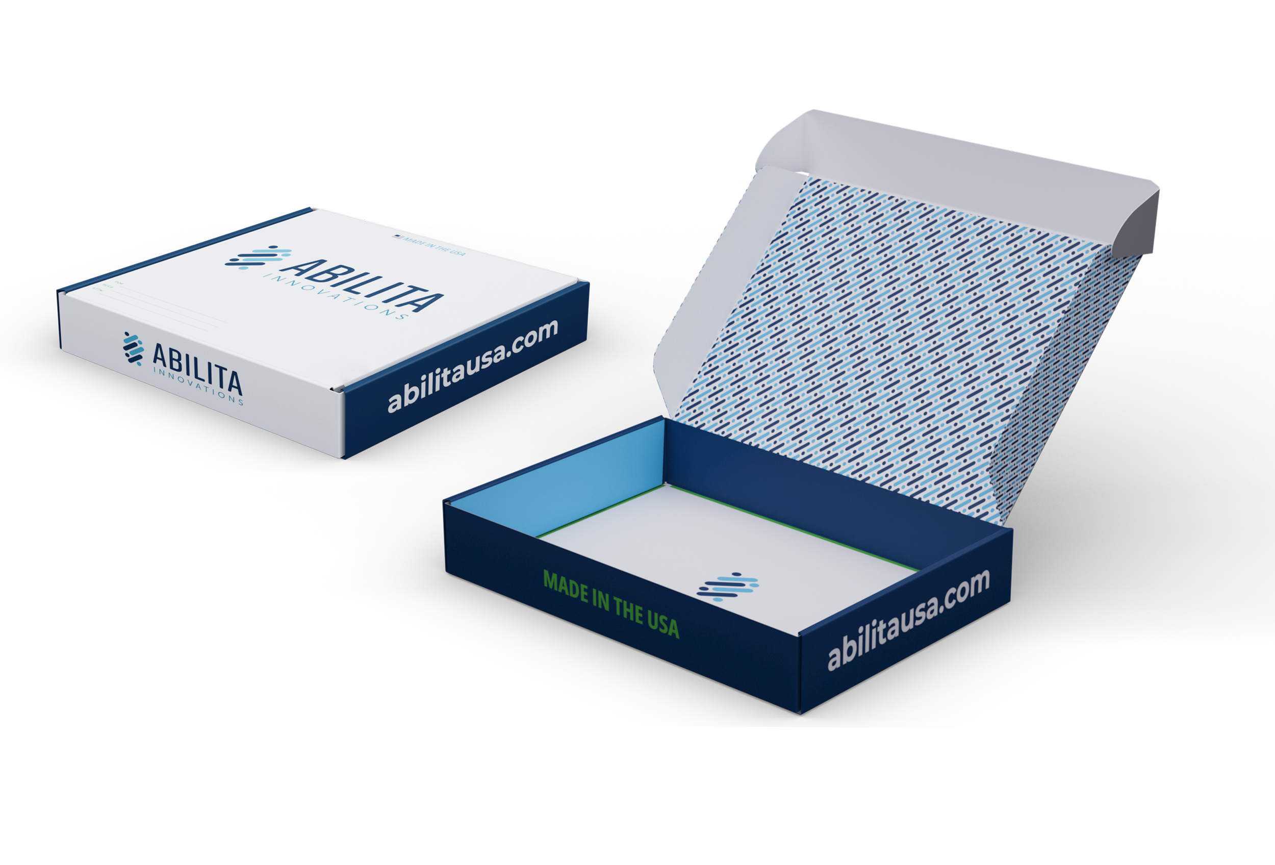 Open blue and white cardboard box with Abilita Innovations branding, with lid open showing patterned interior, alongside a closed matching box.
