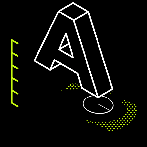 A wireframe 3D letter A with measurement lines on a black background.