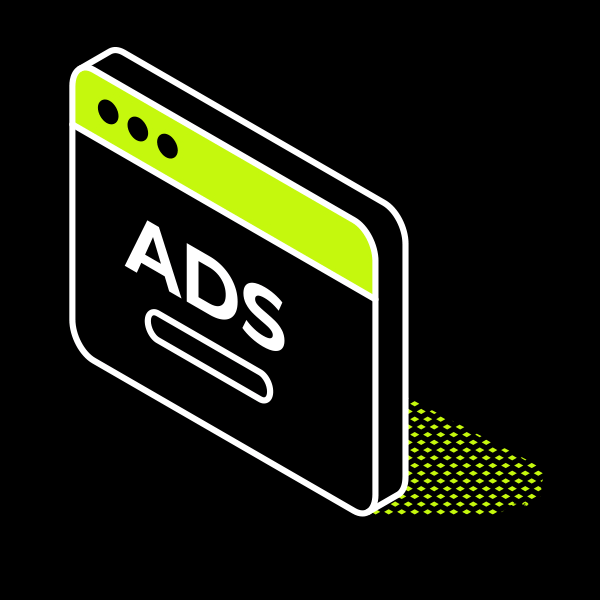 A digital illustration of a web browser window displaying the word 'ADS' with a green header and a loading bar, casting a shadow on a black background.