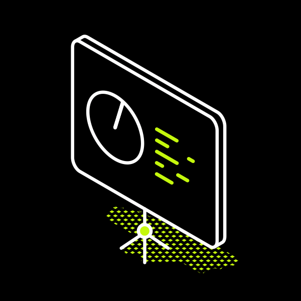 A digital illustration of a presentation screen with a pie chart and text, standing on a tripod with a patterned shadow.