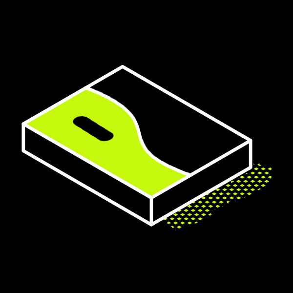 Illustration of a skateboard with a green deck and black grip tape, viewed from above on a black background.