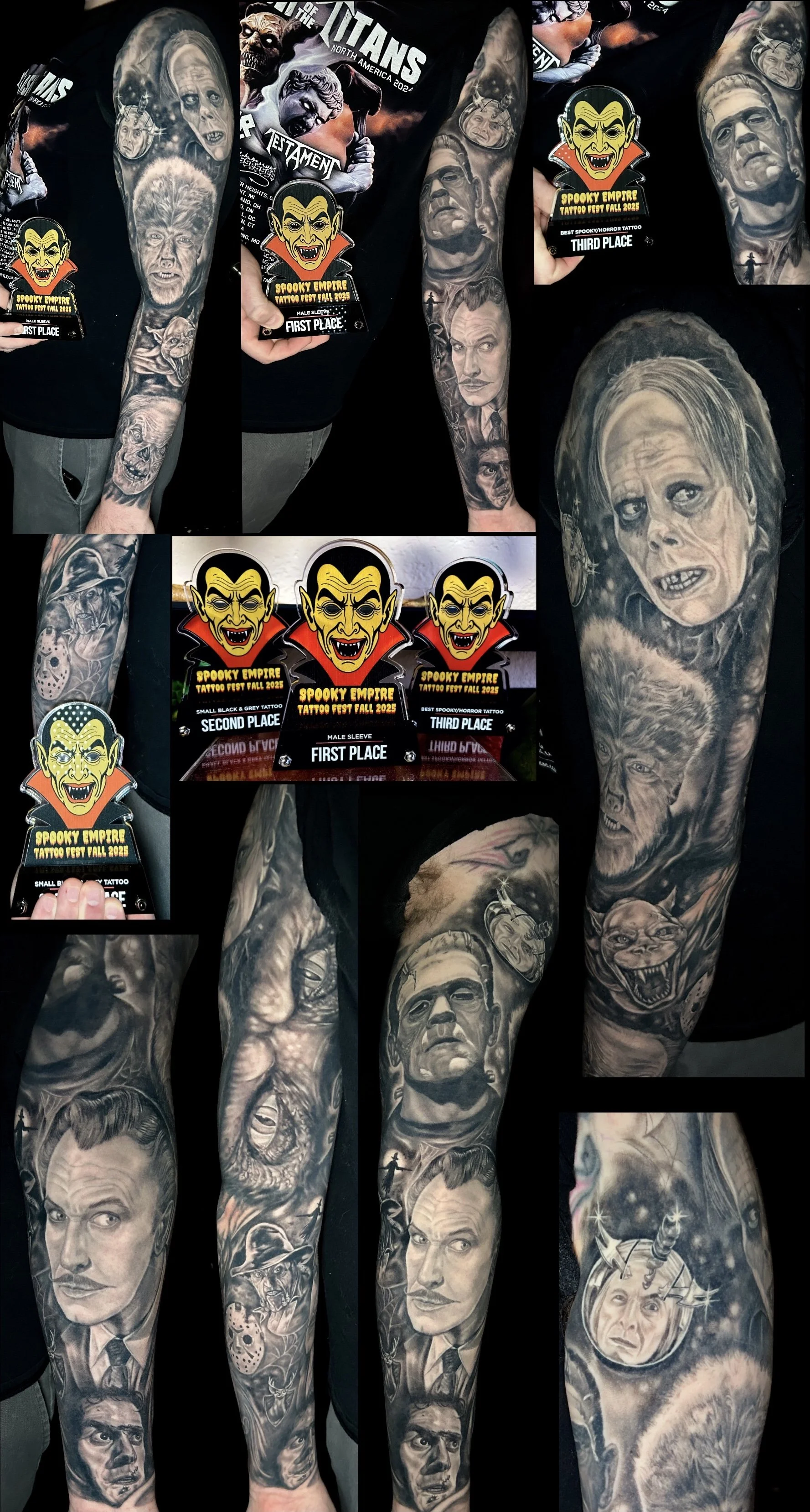 Award winning Black and grey horror movie monster tattoo arm sleeve by Mindy Stewart