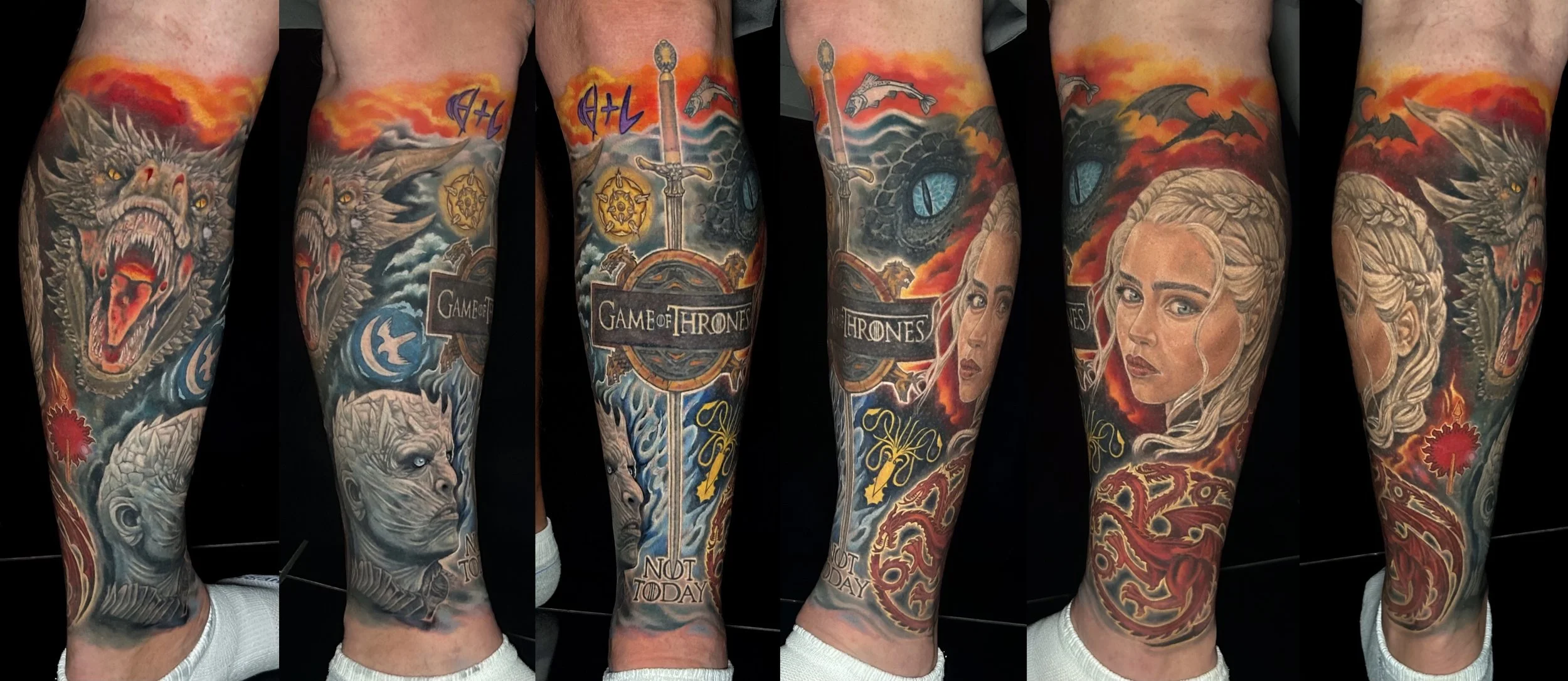 Game of Thrones themed lower leg full color tattoo by Mindy Stewart