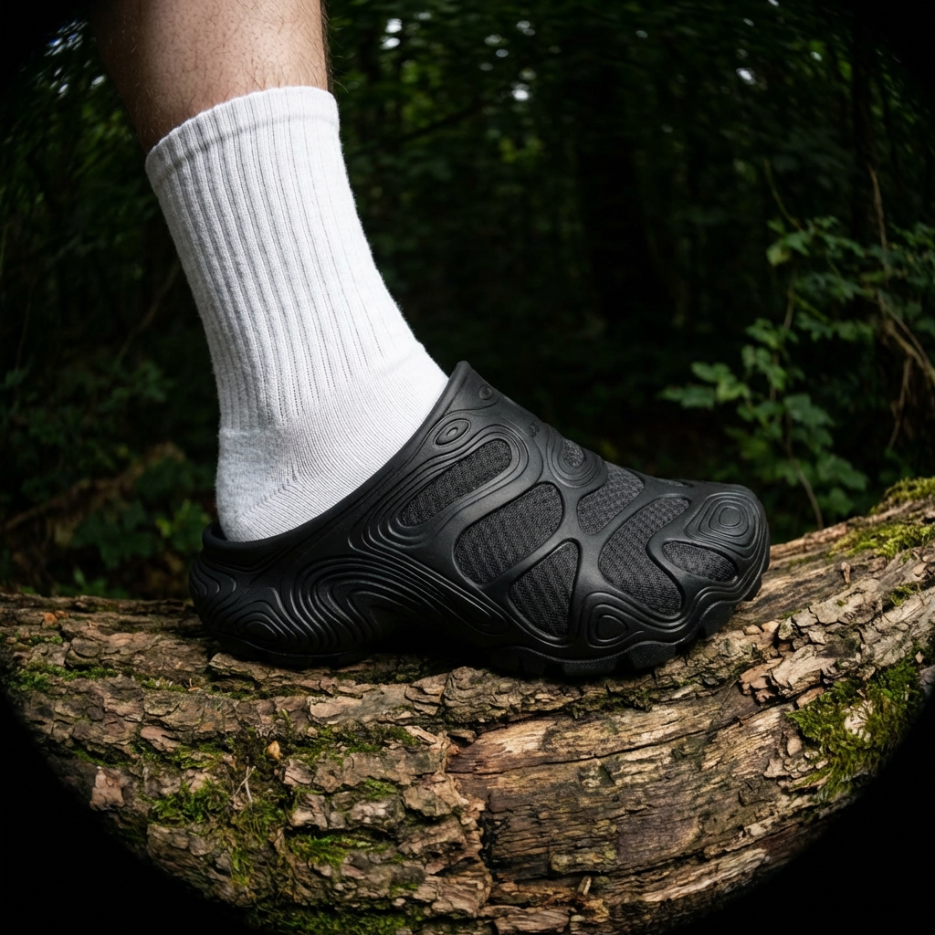 Replace the shoe in @2 with the shoe in @1 professional scene, Natural lighting. 30mm lens.Distorted trendy camera view. (1).png