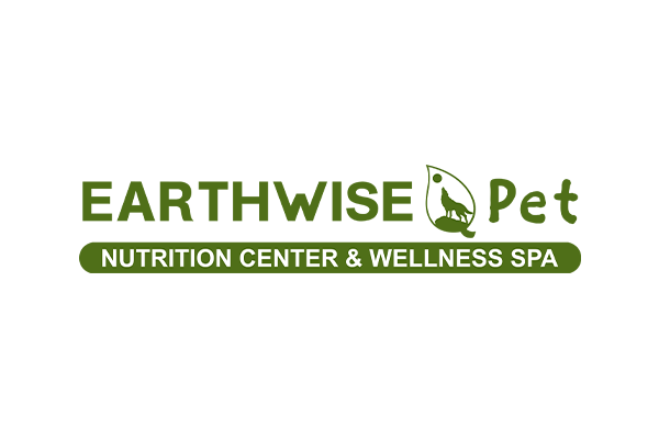 Logo for Earthwise Pet Nutrition Center & Wellness Spa, featuring green text and a pet silhouette enclosed in a leaf.