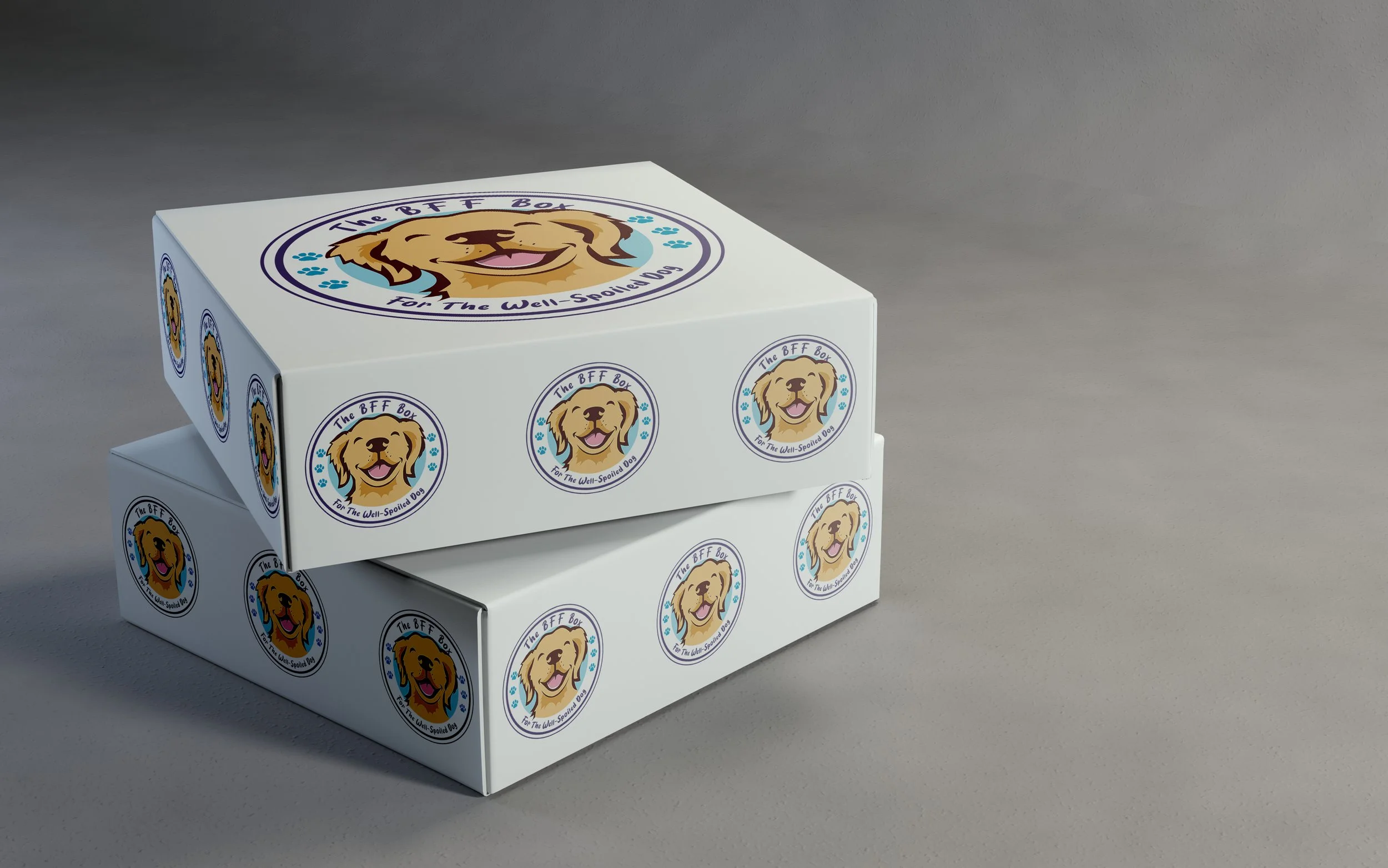 A white box with multiple stickers featuring a smiling cartoon dog and the text 'The BFF Box for The Well-Spoiled Dogs' on a gray surface.