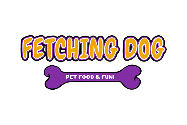 Logo with the text 'Fetching Dog' in playful purple and yellow font, featuring a purple dog bone with the words 'Pet Food & Fun!' written inside.