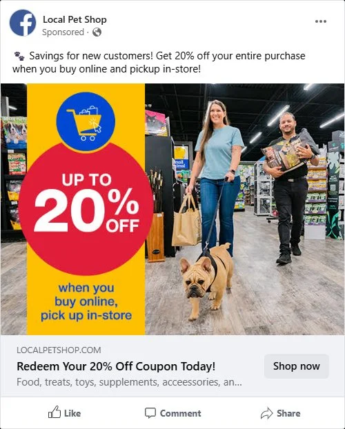 A woman and a man with a French bulldog shopping inside a pet store. The store has shelves stocked with pet supplies, and a promotional banner highlights a 20% discount for online orders with in-store pickup.