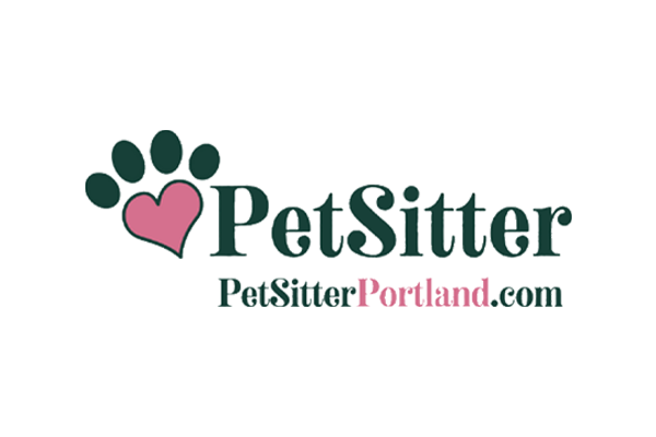 Logo for PetSitter Portland featuring a paw print with a pink heart, with the text "PetSitter" and "PetSitterPortland.com" underneath.