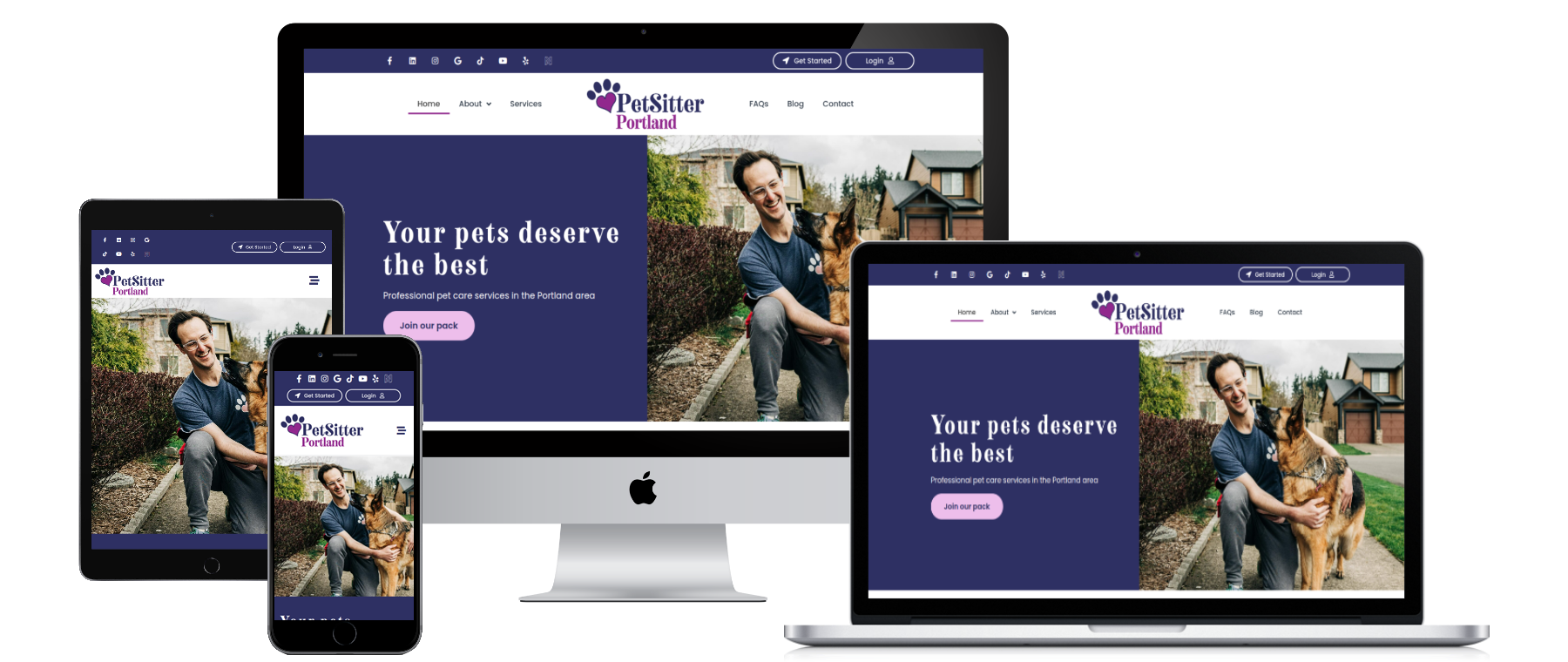 Multiple screens displaying a pet sitting website for Portland, featuring a man with a dog in a residential neighborhood, with text promoting professional pet care services.