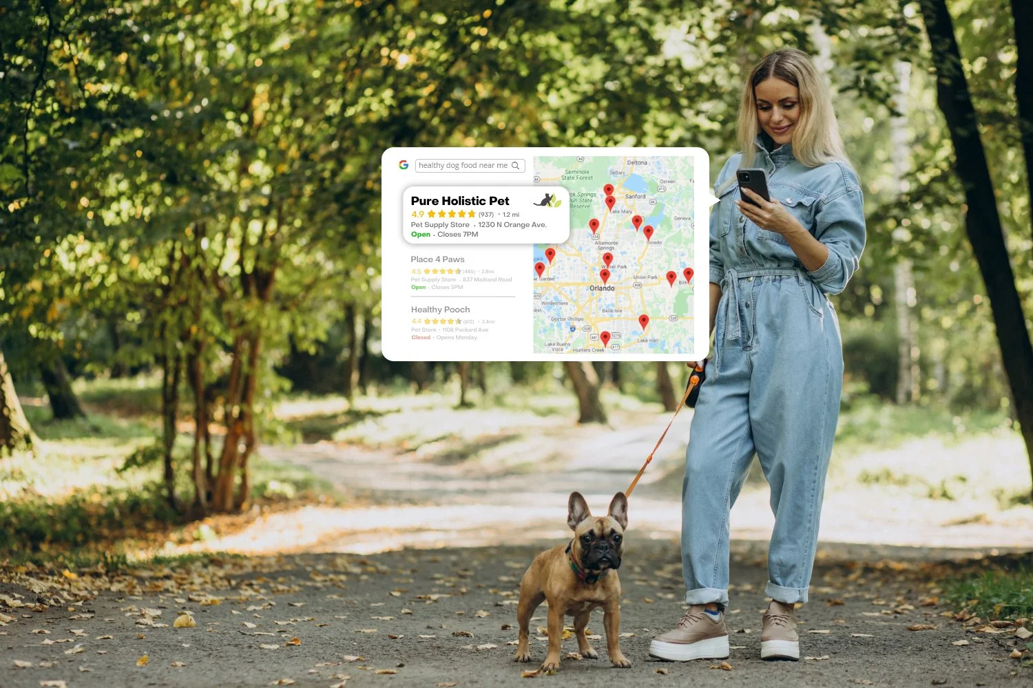 A woman walks a French Bulldog on a leash in a park during daytime, looking at her smartphone. A digital overlay shows a map with pet store locations and search results for pet food nearby.