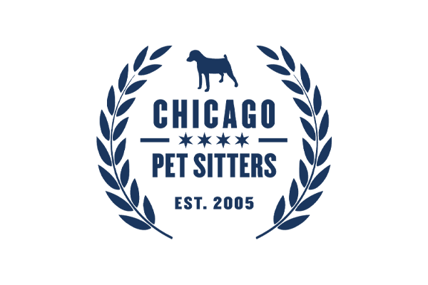 Logo for Chicago Pet Sitters, established 2005, featuring a dog silhouette surrounded by laurel branches.