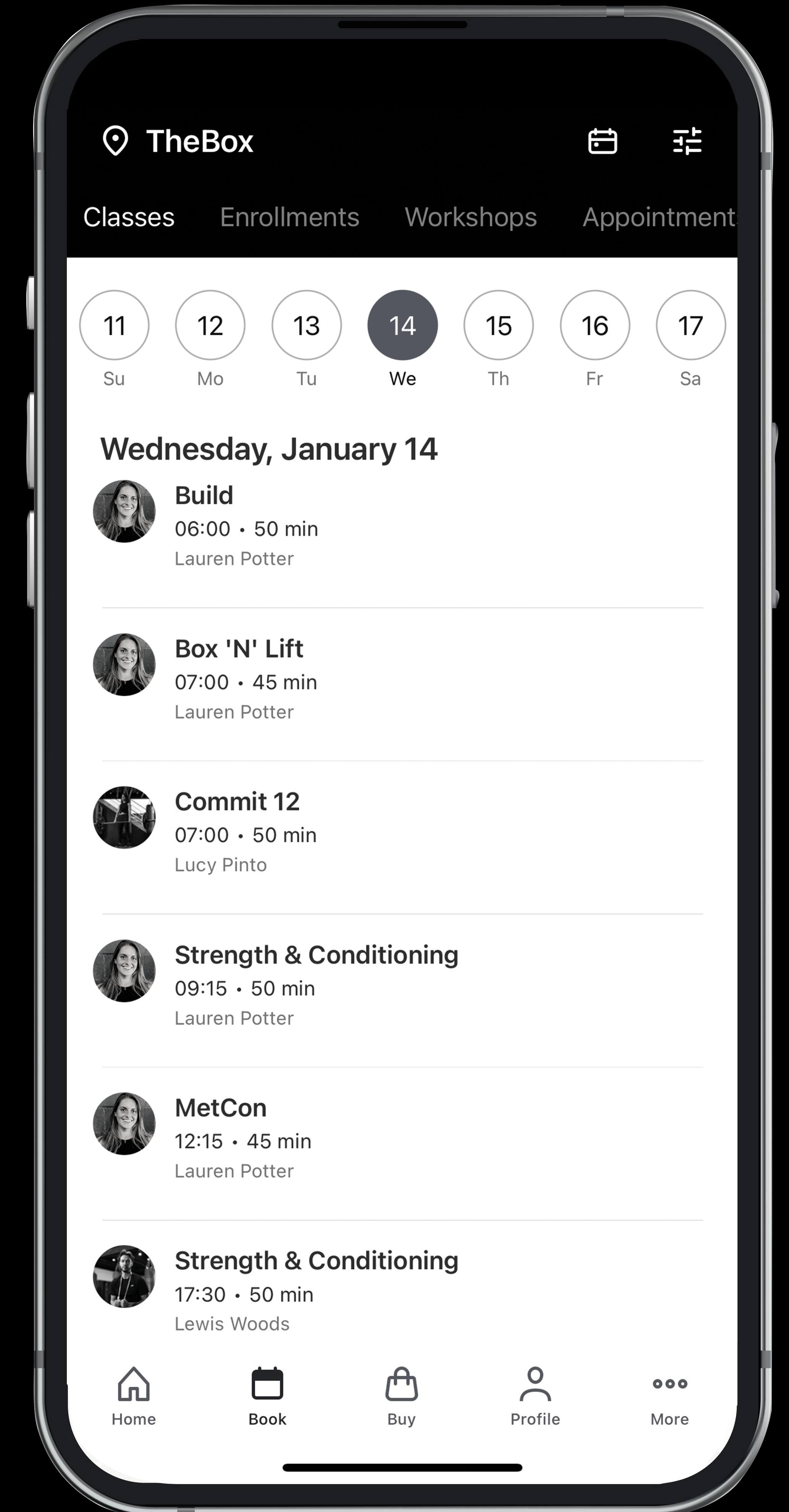 A smartphone screen displaying a fitness class scheduling app called TheBox