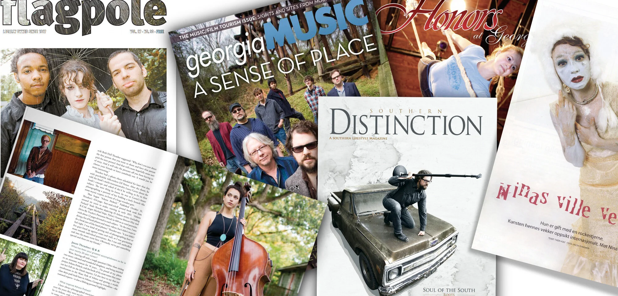 Publications for Thrasher Photo and Design including Flagpole, Georgia Music Mag, Southern Distinction, and more