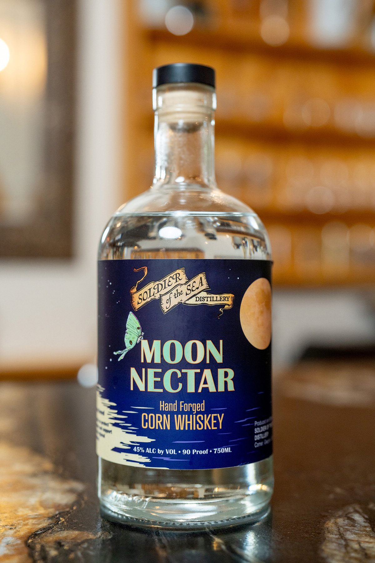 Moon Nectar Whiskey Label Design with Illustration by Frances Thrasher for Soldier of the Sea by Thrasher Photo and Design in Athens, GA