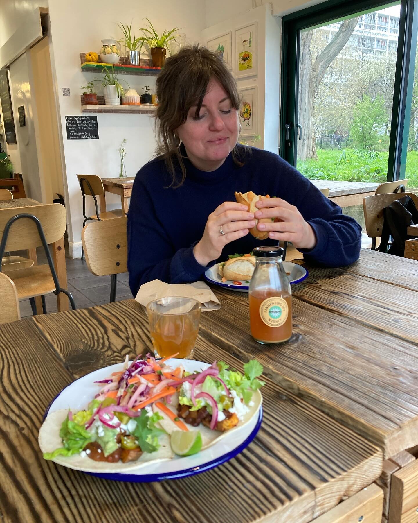 Wednesday lunch 
Black bean &amp; sweet potato tacos with sour cream and crunchy slaw, ginger kombucha &hellip; And Charlotte is tucking into one of our famous bahn mis. 

There&rsquo;s homemade tomato soup &amp; cheese toaties too, egg mayo &amp; fr