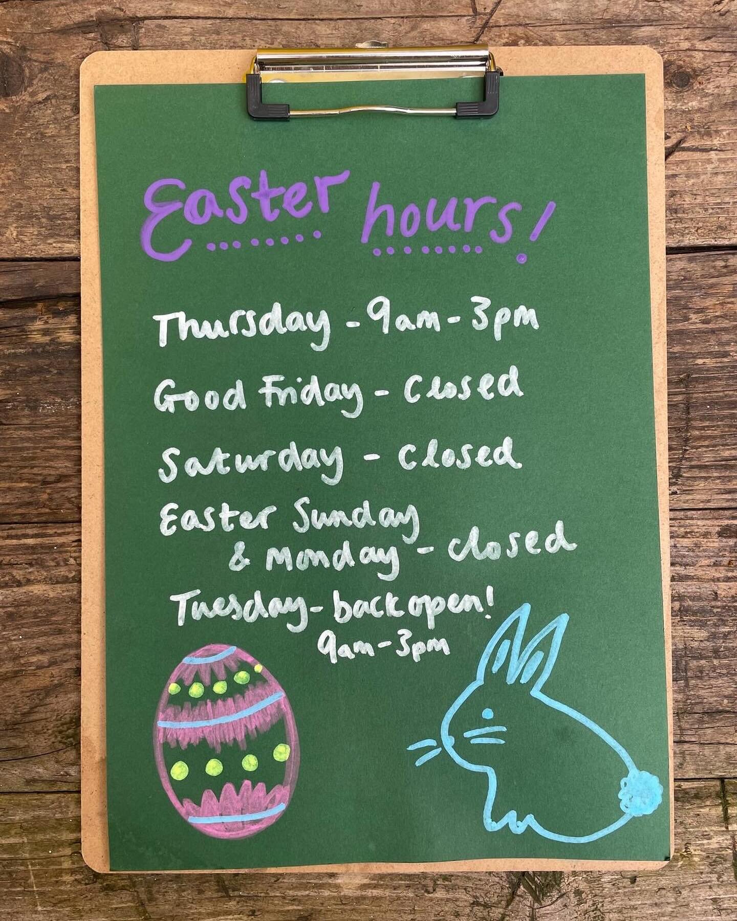 It&rsquo;s almost Easter weekend 🐣 🌷 🐇 We&rsquo;re open today as usual until 3pm.

We&rsquo;ll be closed tomorrow (Good Friday) until Easter Monday, so we&rsquo;ll be open again on Tuesday 2nd April 9am-3pm with all our usual drinks, snacks, sweet