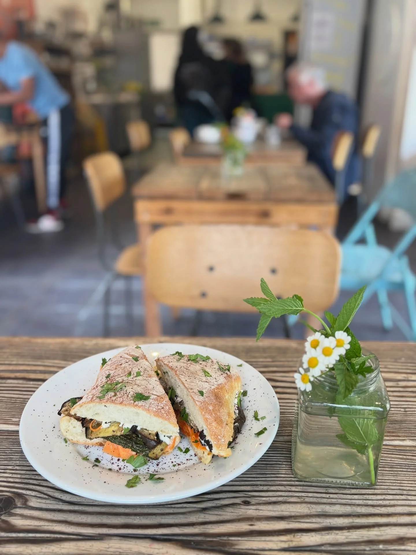 Roasted courgette, aubergine and sweet potato ciabatta - we&rsquo;ve also go toasties, Spanish omelette, beet hummus with crudit&eacute;s, and lemon &amp; herb pasta 🍝 

#lunch #cafe #plantbased #homemade #southlondon