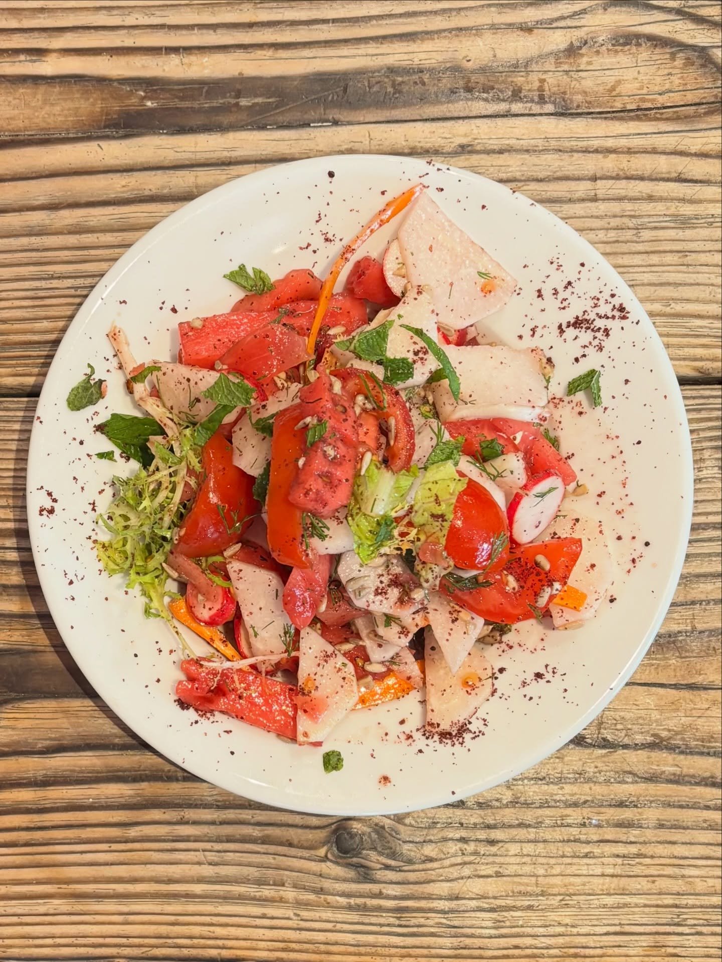 Lovely &amp; fresh watermelon &amp; tomato salad on the menu - plus sandwiches, frittata, toasties, coffee, pastries and more 🍉 

#cafe #lunch #salad #plantbased #SouthLondon