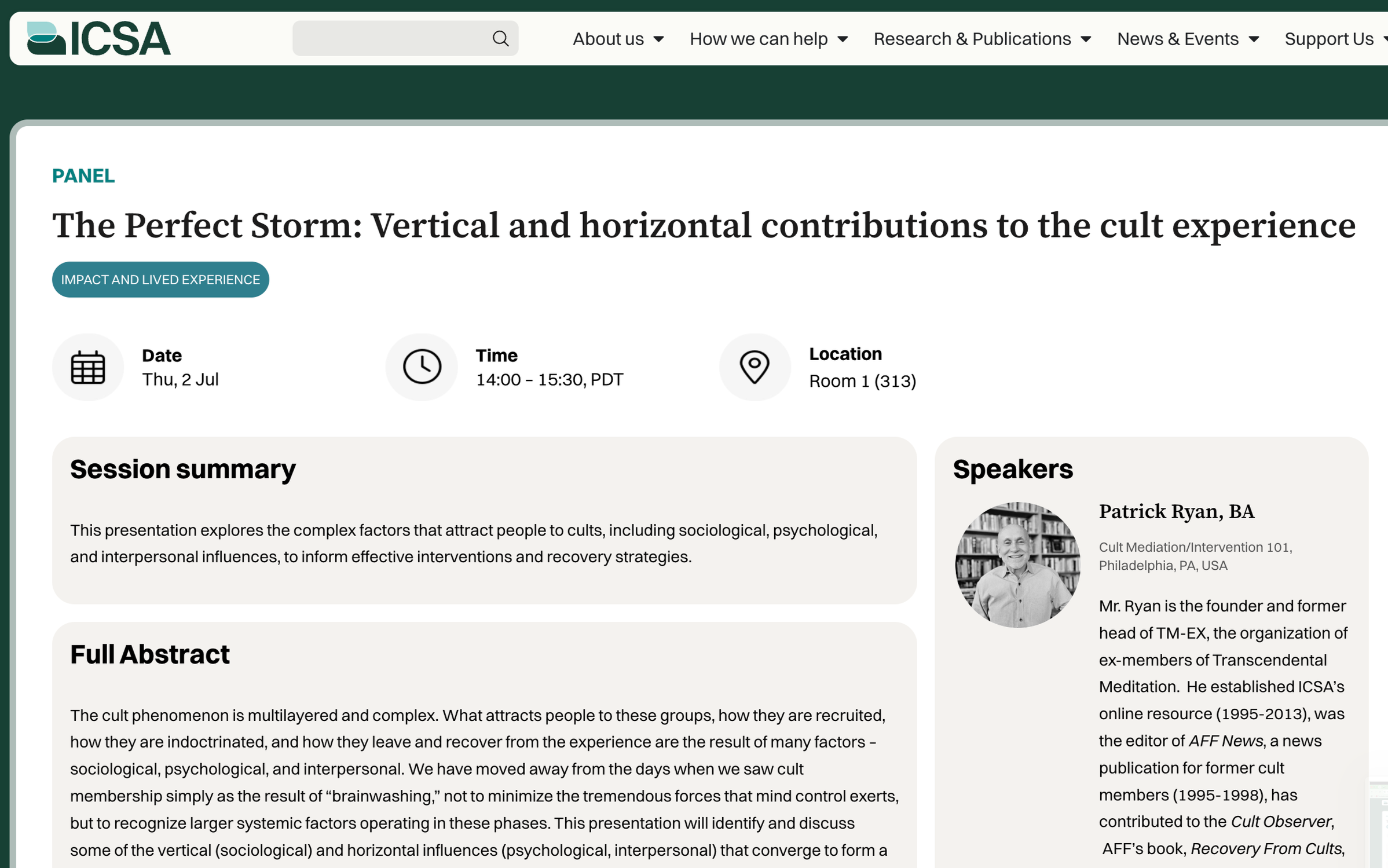 Screenshot of the ICSA website page titled "The Perfect Storm: Vertical and horizontal contributions to the cult experience," with event details including date, time, location, and speaker information.