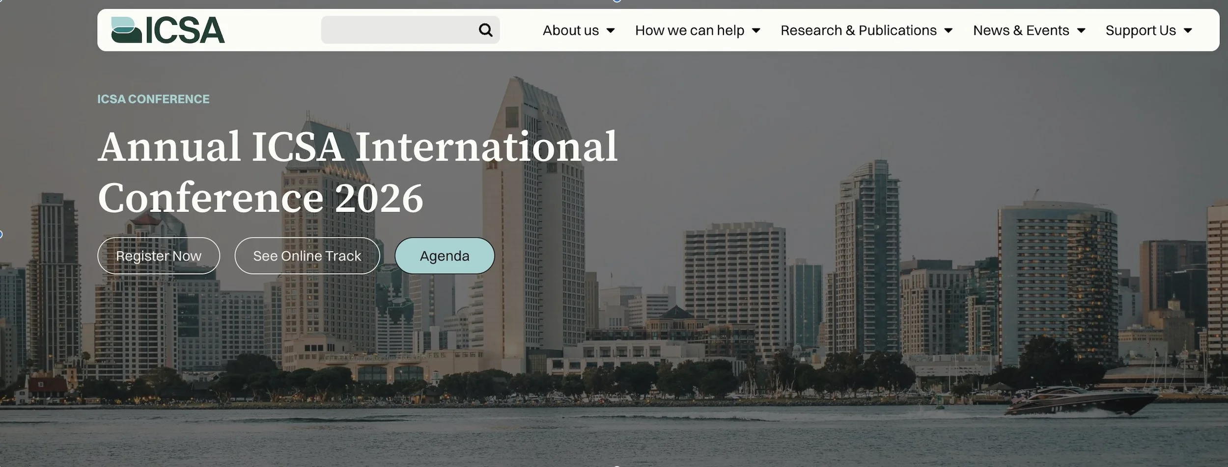 Screenshot of the ICSA website promoting the Annual ICSA International Conference 2026 with a city skyline and water in the foreground.